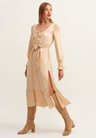 Bayan Bej Wild-West Kuşaklı Maxi Elbise
