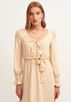 Bayan Bej Wild-West Kuşaklı Maxi Elbise