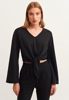 Bayan Siyah Belden Bağlamalı Crop Sweat