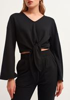Bayan Siyah Belden Bağlamalı Crop Sweat