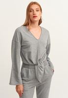 Bayan Gri Belden Bağlamalı Crop Sweat