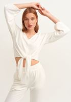 Bayan Krem Belden Bağlamalı Crop Sweat
