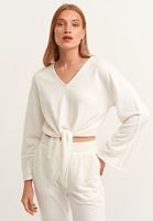 Bayan Krem Belden Bağlamalı Crop Sweat