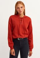 Bayan Kırmızı Lace-Up Yaka Sweatshirt
