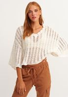 Bayan Krem V-Neck Bohem Triko