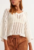 Bayan Krem V-Neck Bohem Triko