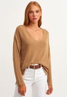 Bayan Kahverengi Wide-Fit V Yaka Triko