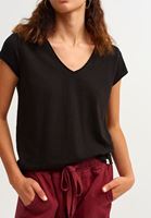 Women Black Cotton V-neck T-shirt