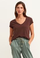 Women Brown Cotton V-neck T-shirt