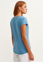 Bayan Mavi Pamuklu U Yaka Tişört