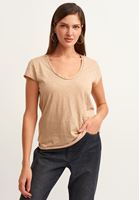Women Beige Cotton U-neck T-shirt