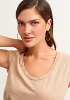 Women Beige Cotton U-neck T-shirt