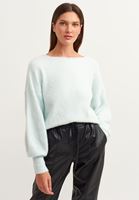 Bayan Mavi Yumuşak Dokulu Balon Kollu Triko