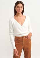 Bayan Krem Kruvaze Crop Triko 