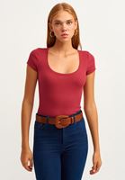 Bayan Bordo Casual U Yaka Tişört