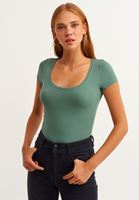 Bayan Yeşil Casual U Yaka Tişört
