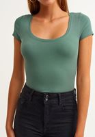 Bayan Yeşil Casual U Yaka Tişört