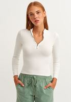 Bayan Krem Fermuarlı Yaka Casual Top