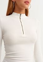 Bayan Krem Fermuarlı Yaka Casual Top