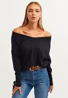 Bayan Siyah Boat-Neck Kolları Bağcıklı Triko