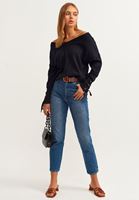 Bayan Siyah Boat-Neck Kolları Bağcıklı Triko