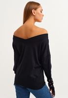 Bayan Siyah Boat-Neck Kolları Bağcıklı Triko