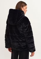 Bayan Siyah Kapüşonlu Vegan Kürk Ceket