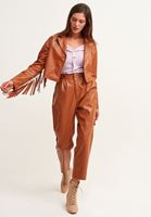 Bayan Kahverengi Pileli Vegan Deri Pantolon