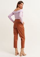 Bayan Kahverengi Pileli Vegan Deri Pantolon