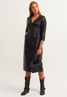 Bayan Siyah Vegan Deri Midi Elbise