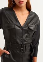 Bayan Siyah Vegan Deri Midi Elbise