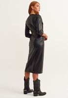 Bayan Siyah Vegan Deri Midi Elbise