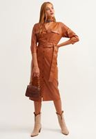 Bayan Kahverengi Vegan Deri Midi Elbise