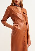 Bayan Kahverengi Vegan Deri Midi Elbise