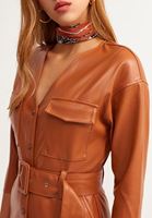 Bayan Kahverengi Vegan Deri Midi Elbise