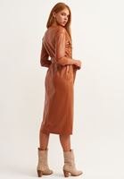 Bayan Kahverengi Vegan Deri Midi Elbise