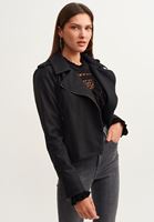 Bayan Siyah Fermuarlı Vegan Biker Ceket