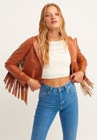 Bayan Kahverengi Vintage Püsküllü Vegan Deri Ceket