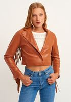 Bayan Kahverengi Vintage Püsküllü Vegan Deri Ceket