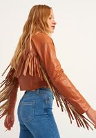 Bayan Kahverengi Vintage Püsküllü Vegan Deri Ceket