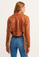 Bayan Kahverengi Vintage Püsküllü Vegan Deri Ceket