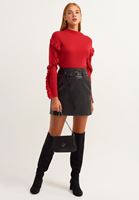 Bayan Siyah Vegan Deri Casual Mini Etek