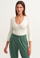 Bayan Krem V-Neck Uzun Kollu Top