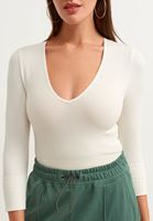 Bayan Krem V-Neck Uzun Kollu Top