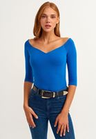 Bayan Mavi Casual Deep V-Neck Tişört