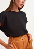Bayan Siyah Pamuklu Cut-Out Kollu Tişört