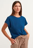 Bayan Mavi Pamuklu Cut-Out Kollu Tişört