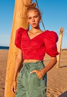 Bayan Kırmızı Balon Kollu Crop Tank