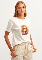 Bayan Krem Artwork Baskılı Kısa Kollu Tişört