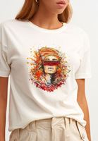 Bayan Krem Artwork Baskılı Kısa Kollu Tişört